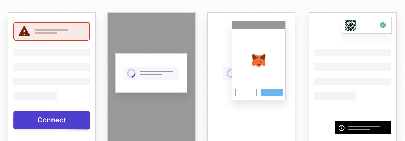 Wireframe illustrations of a connection flow