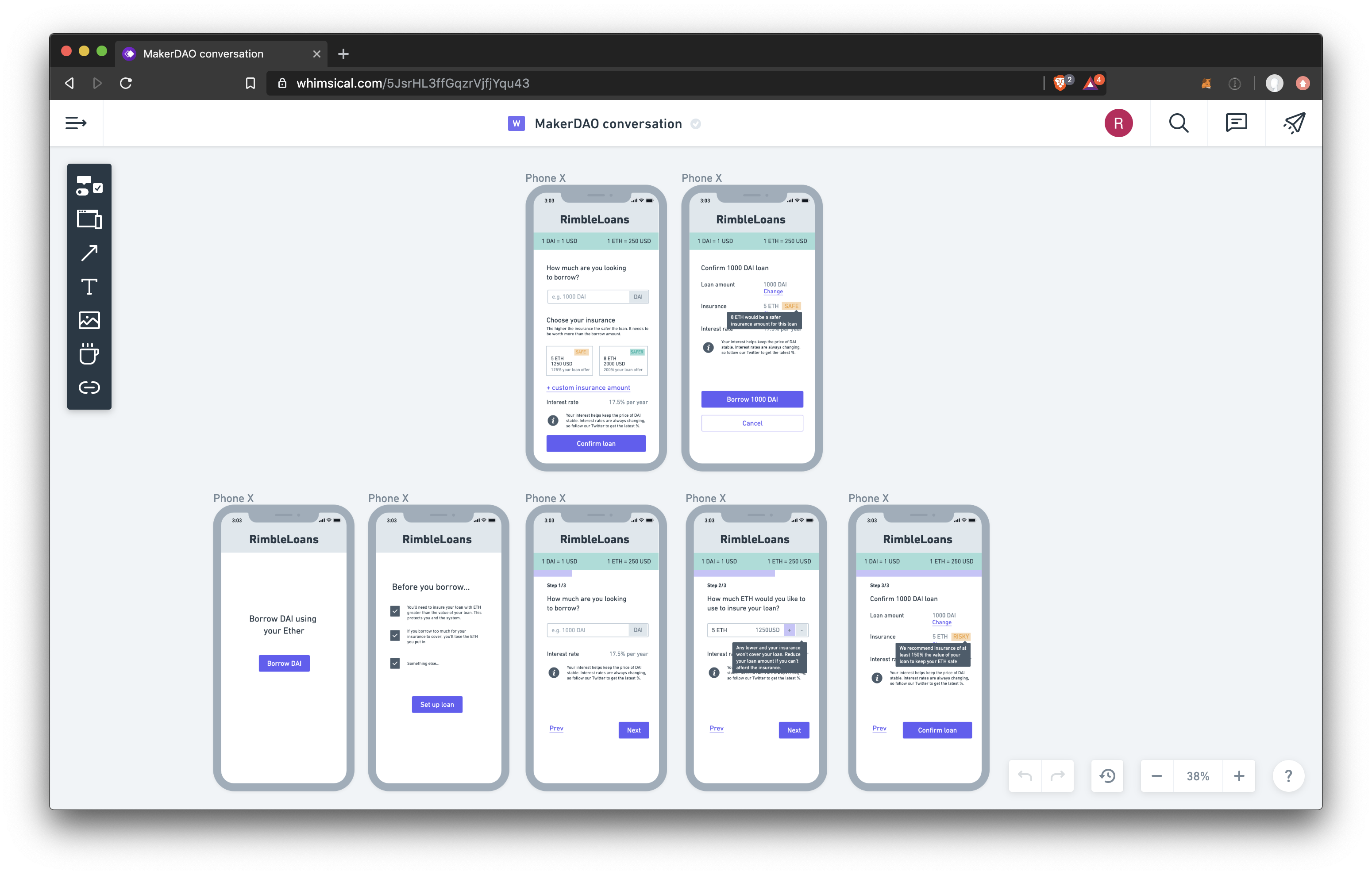 Example wireframes for MakerDao product