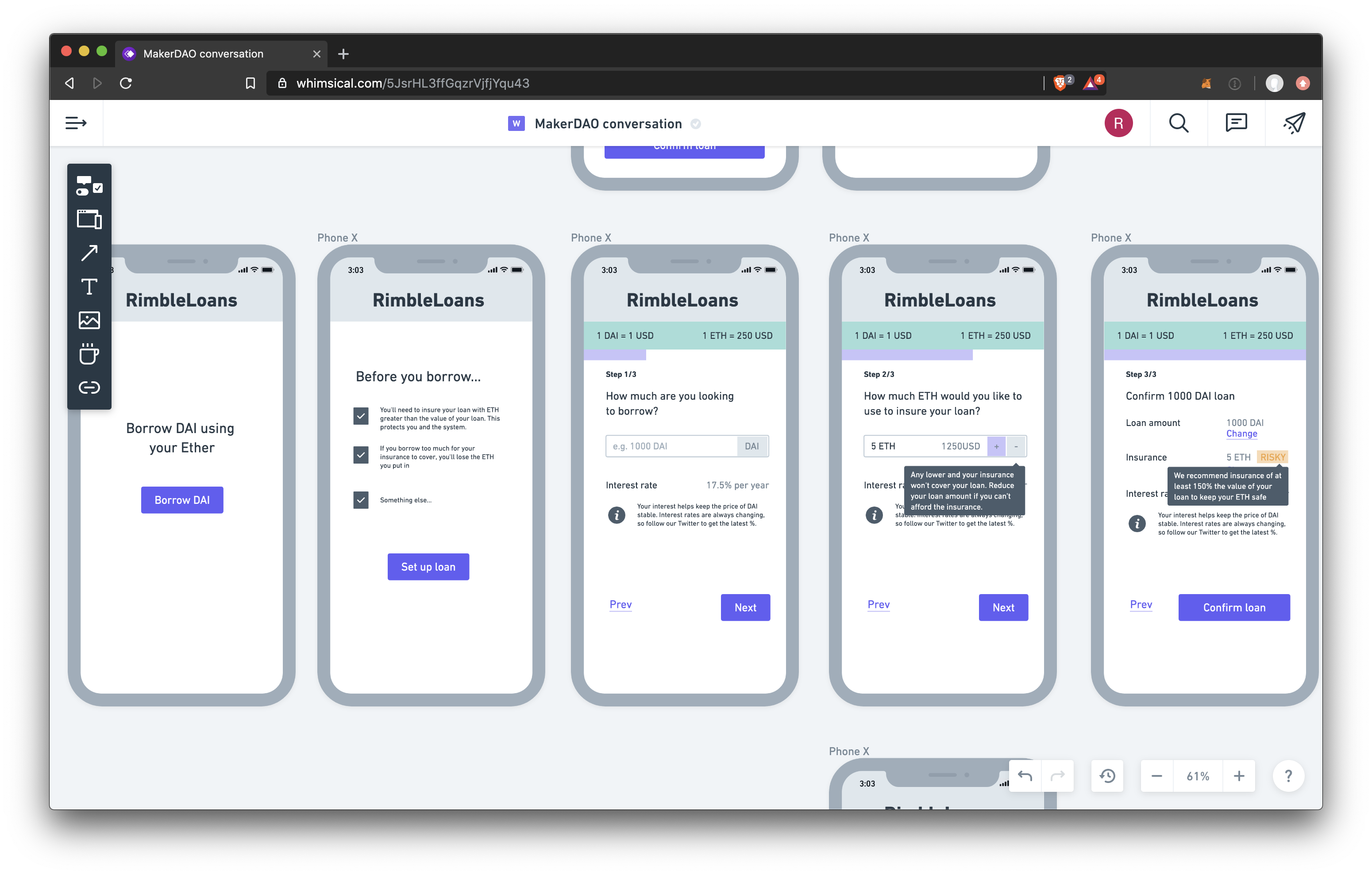 Example wireframes for MakerDao product