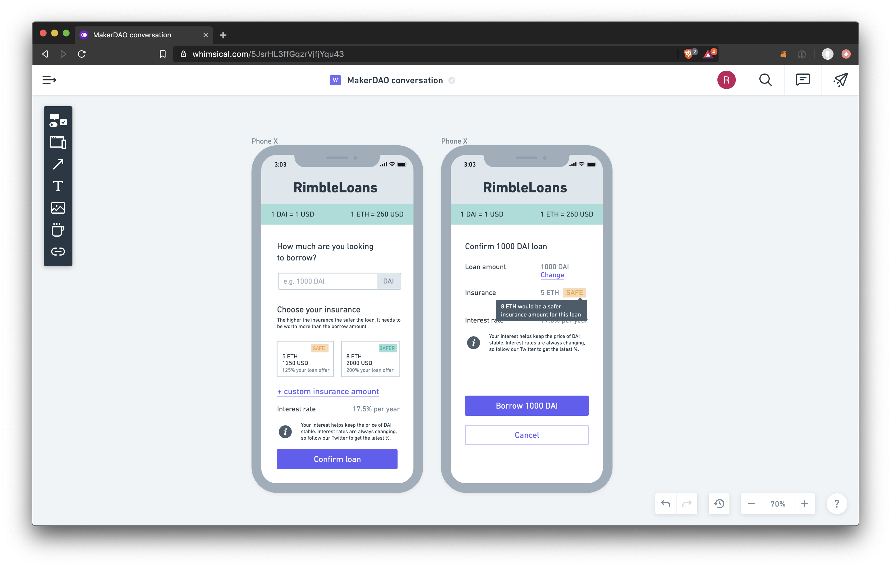 Example wireframes for MakerDao product