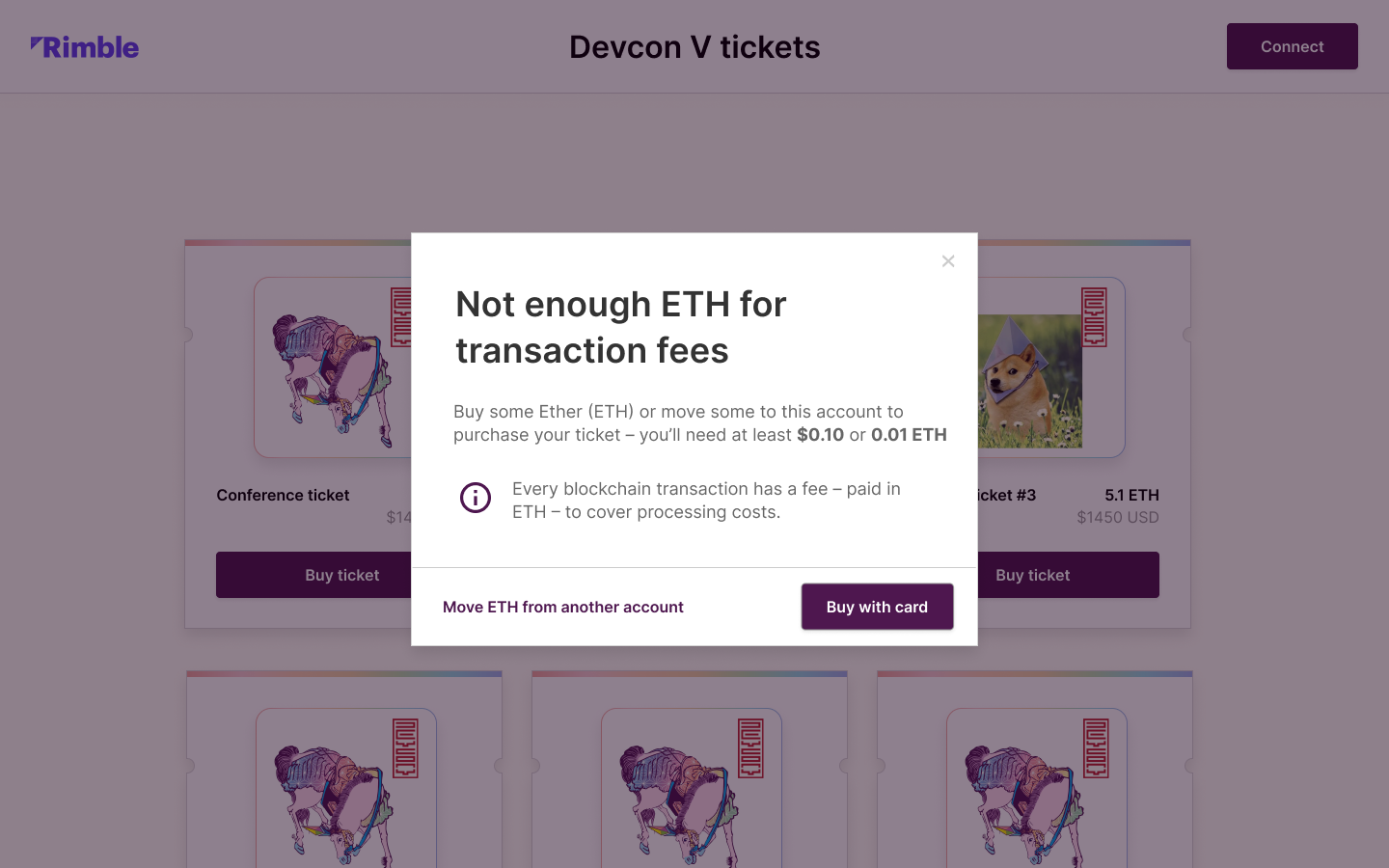 A modal showing an error message for when the user doesn't have enough ETH for a transaction