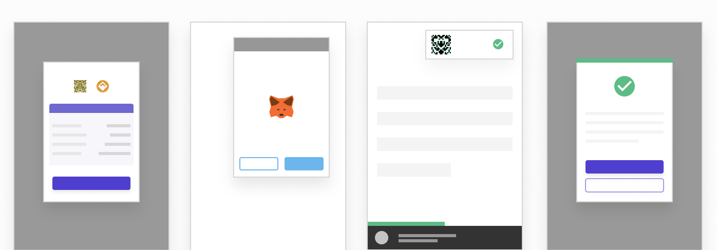 Wireframe illustrations of a transaction flow