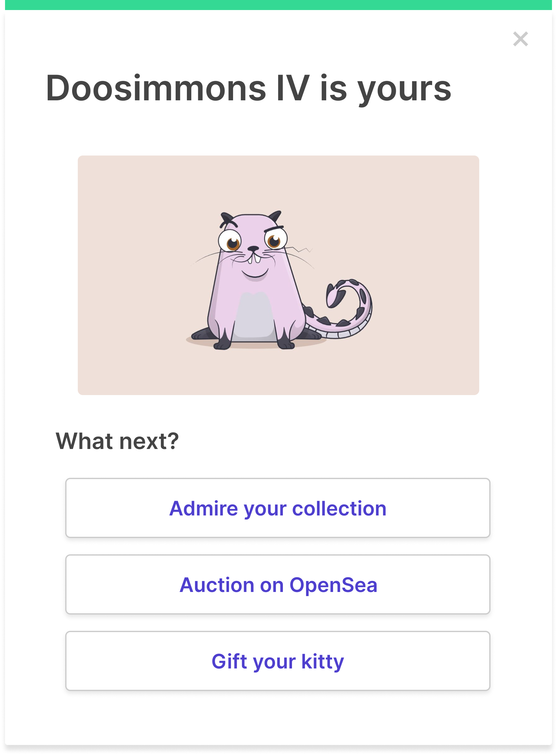 A modal showing a successful cryptokitty transaction