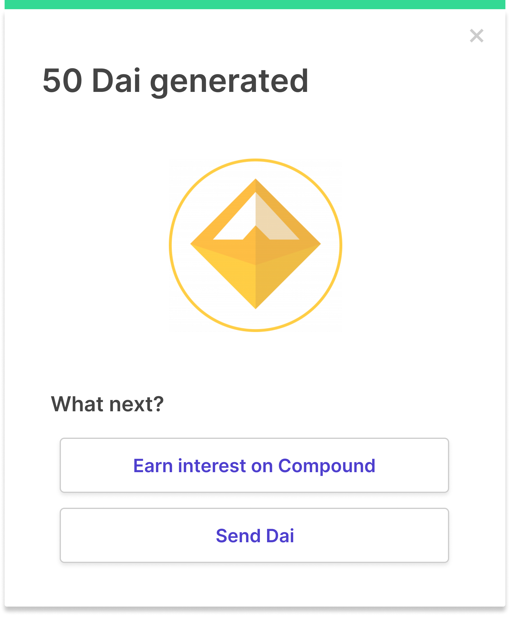 A modal showing a successful DAI transaction