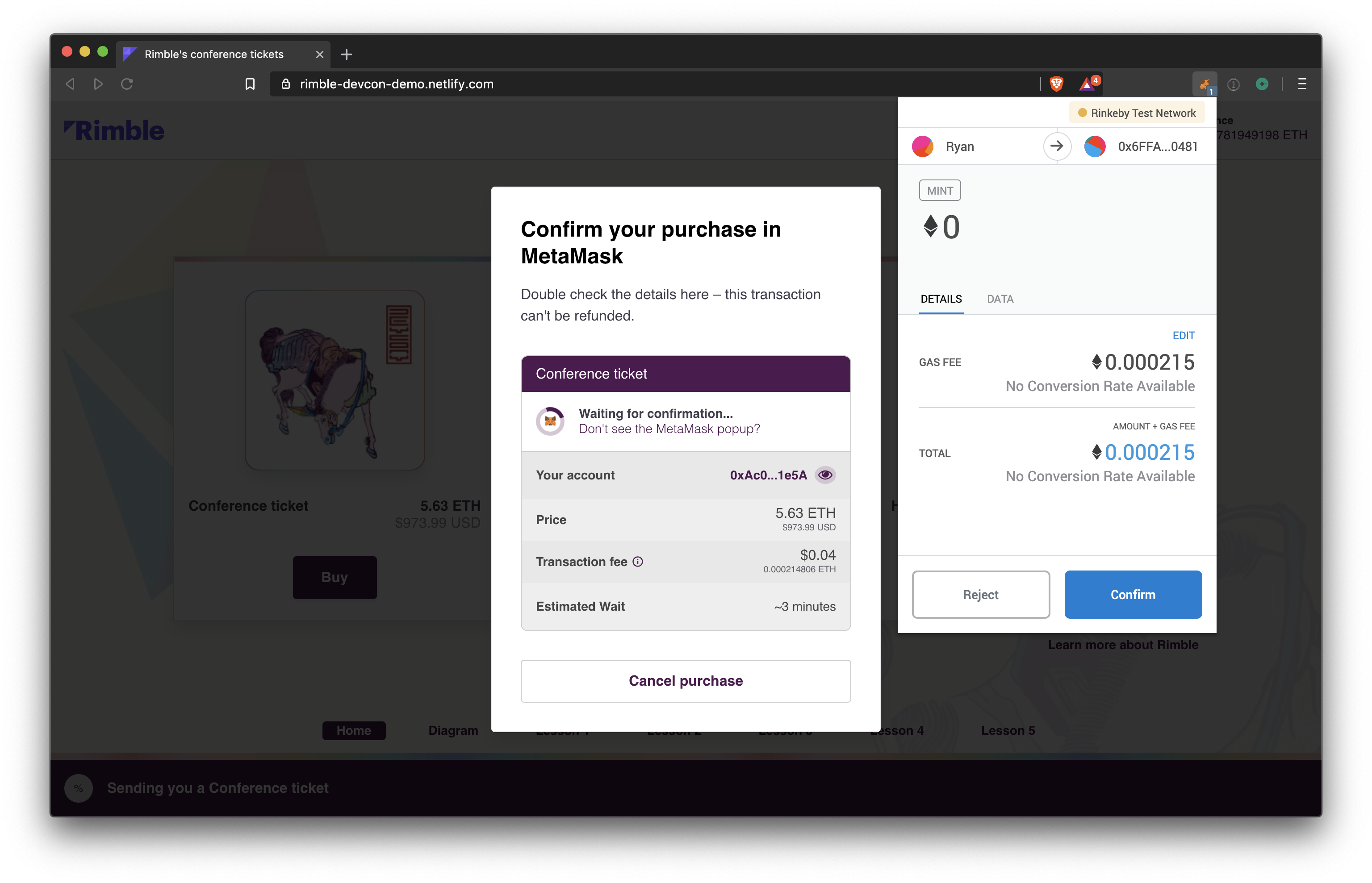 UI showing a connected Ethereum account and its balance