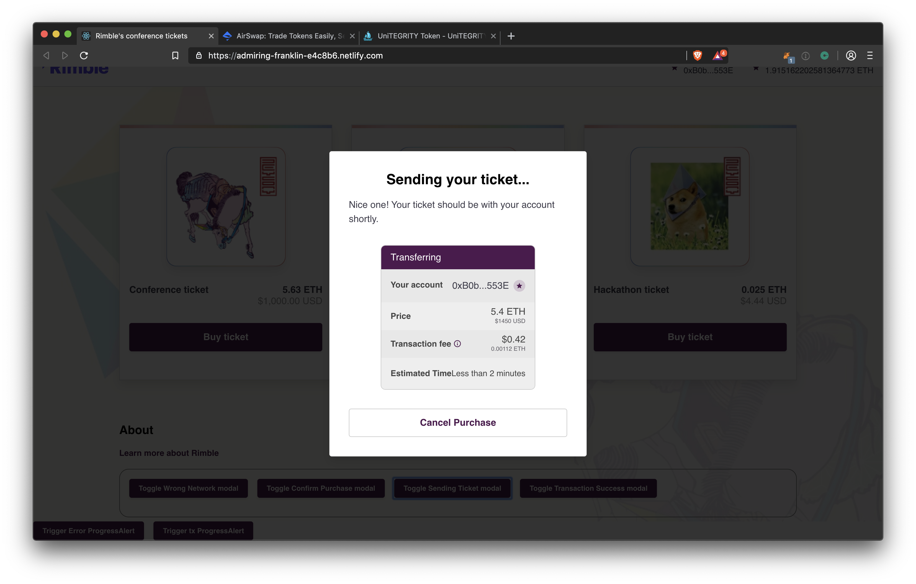 A modal showing that a ticket is being sent to a user
